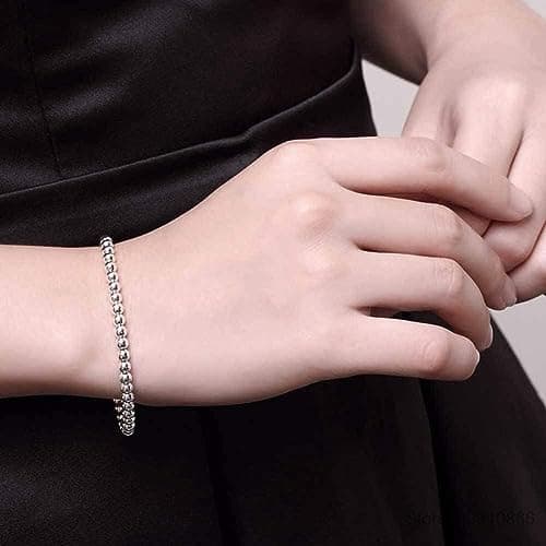 Ladies Silver Bracelet,Charm Lady 925 Sterling Silver Retro Bracelet Fashion 4Mm Round Bead Jewelry Personality Silver Bracelet Elegant Atmosphere Comfortable Simple Casual Christmas Engagement Bir