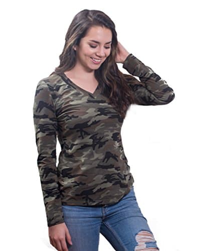 LA Diva Fashion Womens Camouflage V-Neck 100% Cotton Jersey Knit Long Sleeve Shirt Top (Small)