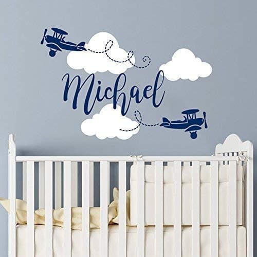 Personalized Name Wall Decal Airplane Clouds Wall Sticker Nursery Vinyl Biplane Baby Boy Nursery Decor Plane Name Children Nursery Wall Decal F28