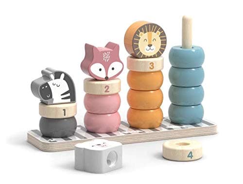 Geometric Wooden Animal Stacker, Stacking & Nesting Educational Stacking Tower with Rings and Animals for Toddlers