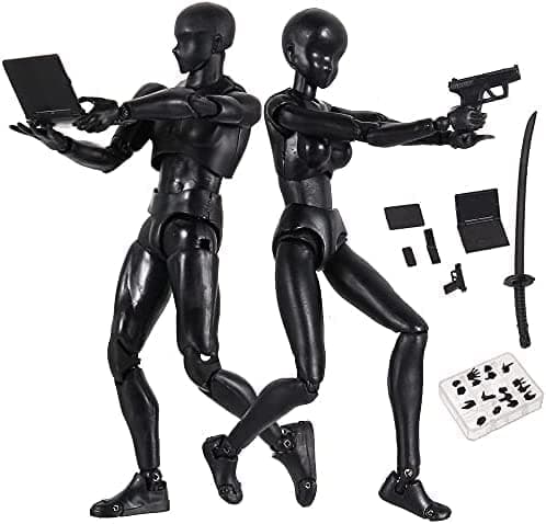 PVC Action Figure Drawing Model - Artist Mannequin Jointed Doll for Painting - Black Male+Female