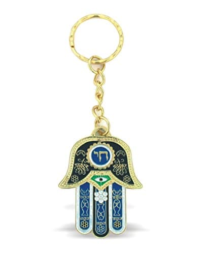 Blue Hamsa "CHAI" Key chain With Evil Eye Protection Charm And Travelers Prayer Engraved On The Back In