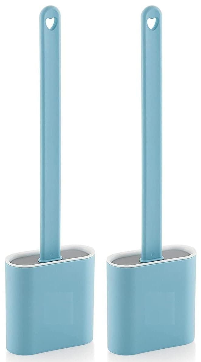 MHR Silicon Toilet Brush (Pack of 2) with Plastic Holder Slim Flex Toilet Cleaner Brush Anti-drip Set, No-Slip Long Handle Soft Silicone Brush (Pack of 2, Blue)