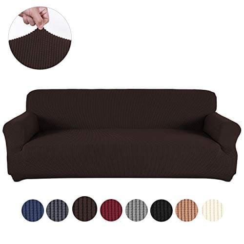 sancua Stretch Spandex Sofa Cover 3 Seat Couch Cover Non Slip Sofa Slipcover with Elastic Bottom for Living Room Furniture Protector Couch Slipcover for Dogs, Cats and Pets (Sofa, Chocolate)