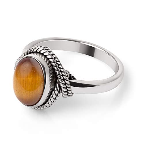 Chuvora 925 Sterling Silver Brown Tiger Eye Gemstone Oval Rope Edge Vintage Band Ring Size 8