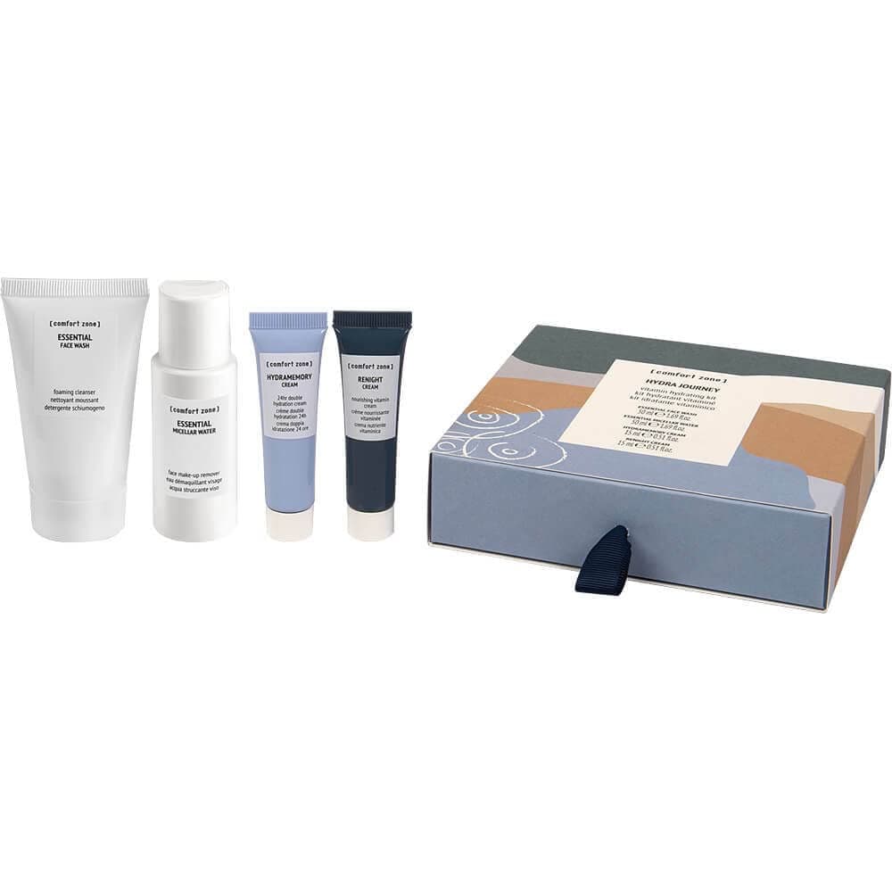 Comfort Zone Hydra Journey Travel Kit - Includes Comfort Zone Essential Face Wash 50ml, Essential Micellar Water 50ml, Hydramemory Cream 15ml, Renight Cream 15ml