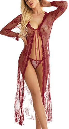 Lingerie for Women Lace Kimono Robe Plus Size Long Gown Mesh Chemise