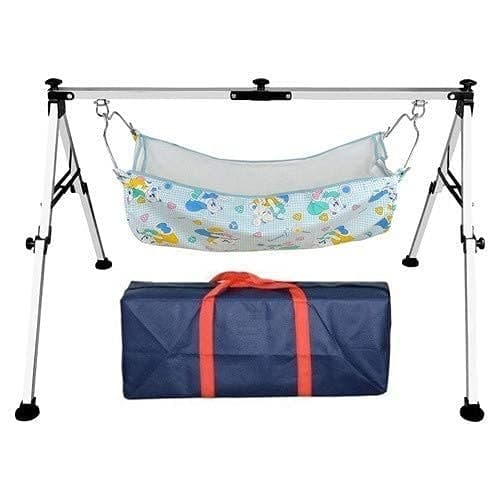 ZUMART® Indian Style NRI Stainless Steel Ghodiyu Born Baby Sleep Swing Cradle cot with Hammock (Set of 1,Silver Color)