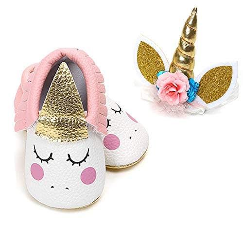 PanGa Baby Boys Girls Mary Jane Shoes with Unicorn Headband Soft Sole Non-Slip Toddler Party Dress Shoes (12-18 Months Pink)