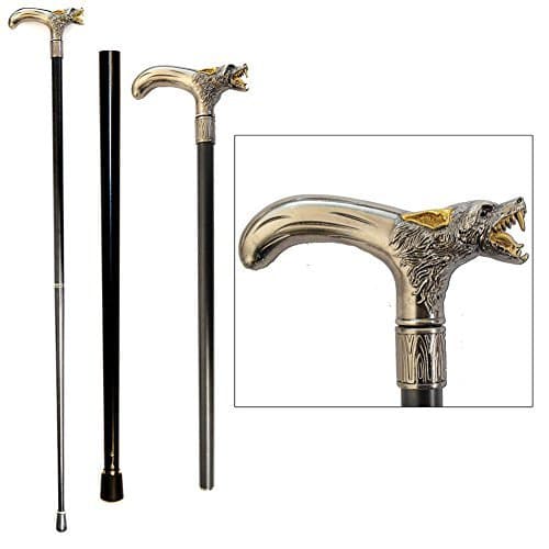 Stately Walking Stick Pewter-Look Metal Snarling Wolf Head 2-Piece Cane by Sigma Impex