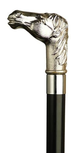 Walking Cane - Silver Ladies plastic golf shaped horse head handle, black wood shaft, 36" long with rubber tip. Available in silver or gold finish.
