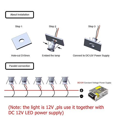 DC12V 1W Mini LED Spotlight Jewelry Indoor Display Showcase Counter Ceiling Recessed Light RV Micro Reading Lighting Warm White 3000K Black Shell 10Pack