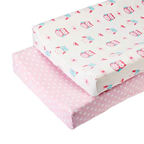 BORITAR Changing Pad Covers Soft Stretchy Jersey Knit 2 Pack, Semi-Waterproof Chang Table Covers for Girls with Pink Owl and Dot Printed