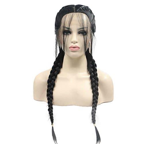 1B# Black Double Braids Synthetic Lace Front Wig with Baby Hairs 2 Braid Wigs Long Middle Parting 2 braided with Natural Braided Synthetic Wig Braiding Heat Resistant Fiber Hair for Woman