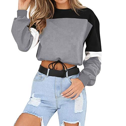 CHIDY Cropped Sweatshirt for Women Patchwork Stripe Crewneck Long Sleeve Blouse Shirts Crop Top Pullover (Small,Gray)