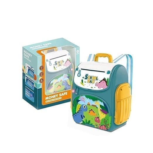 - ATM Piggy Bank Money Saving Bank for Real Money Cash Coin School Bag Musical Money Safe for Kids Piggy Savings Bank with Finger Print Sensor (Multicolor) (Bag ATM Dino)