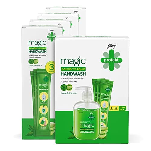 Godrej Protekt magic Powder-To-Liquid Handwash - Bottle + 15 Refills | 135g (Makes 3 Litres)
