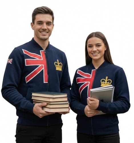 Unisex Union Jack Baseball Jacket with Chain Stitch Embroidery – Royal Crown Gold Emblem – Premium UK Flag Zip Hoodie Sweatshirt – XS to 4XL