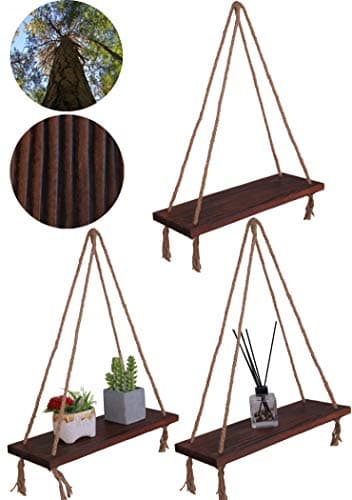 HXSWY Cute Wood Wall Hanging Shelves with Rope Wooden Swing Rope Shelf Set of 2 Brown