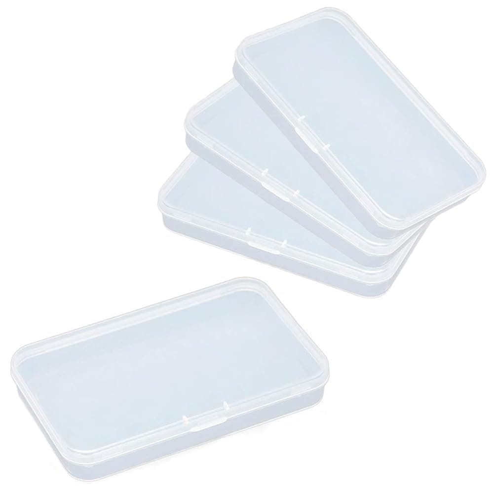 AKOAK Clear Polypropylene Rectangle Mini Storage Containers Box with Hinged Lid for Card,Accessories,Crafts,Learning Supplies,Screws,Drills,Battery,4.8" x 2.9" x 0.67",Pack of 4