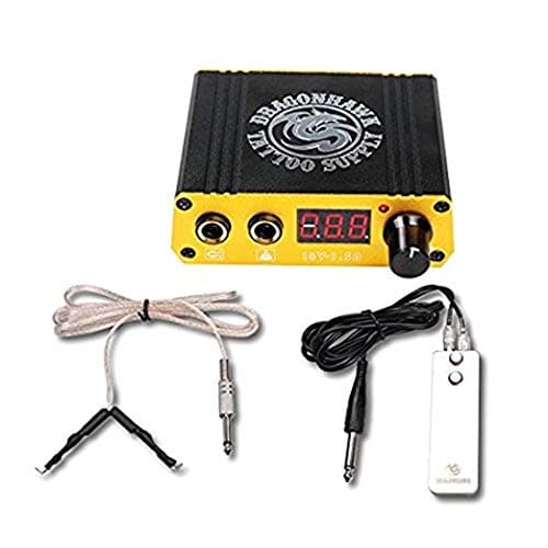 Dragonhawk Tattoo Power Supply, Portable Mini LCD Voltage Adjust Kit, Foot Pedal, P077EUYMX, Stainless-steel, Overvoltage Protecting, 1 x Power Supply, 1 x Power Plug, 1 x Clip Cord, 1 x Foot Pedal