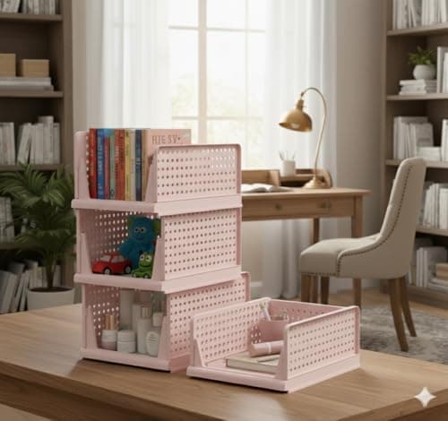 mechdel Stackable and Foldable Wardrobe, Foldable Shirt Storage Stacker, Collapsible Wardrobe, Mounted Closet Storage and Organisation System (10PCS, Foldable Stackable - Dark Pastel Pink)