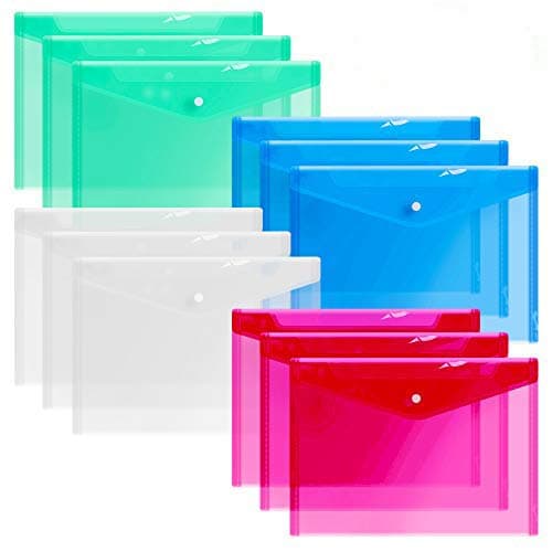 12 Plastic Envelopes, Clear Document Folders, Poly Envelope Folders, Transparent Project Envelope Folders with Snap Button Closure, A4 Letter Size File Envelopes (4 Colors)