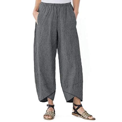 Fashion Womens Casual Solid Pocket Elastic Waist Loose Linen Pants Trousers