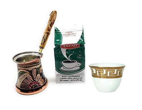 Fancy Hand Painted Turkish Coffee Warmer Set Includes 12 Gold Design Gawa Cups Plus 200 gm Tazah Coffee with Cardamom (16 oz Warmer)
