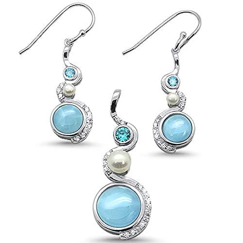 Sterling Silver Natural Larimar,Blue Topaz, Pearl & Cubic Zirconia Elegand Design Earring & Charm Pendant Set