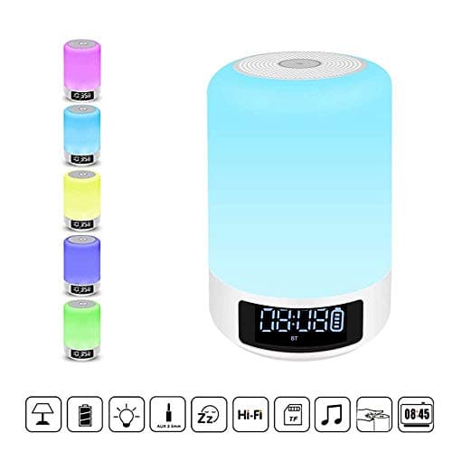 Foreita Bedside Lamp with Portable Bluetooth Speaker - Touch Sensor Control Dimmable Warm White Night Light Color Changing RGB Alarm Clock for Women Men Children