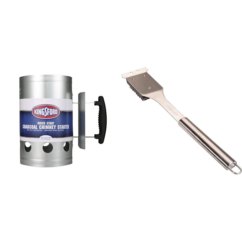 Heavy Duty Deluxe 10.74” Charcoal Chimney Starter & Cuisinart 16.5” Stainless Steel BBQ Grill Cleaning Brush and Scraper