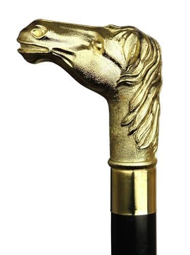 Walking Cane Gold Lady's Plastic Golf Shaped Horse Head Handle, Black Wood Shaft, 36" Long with Rubber tip.