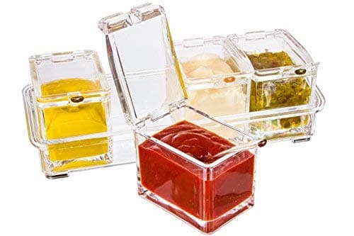 Boxing Week Sale - Best Acrylic Condiment Tray, Excellent Gift, 4 Removable Pots with Separate Lids and Spoons. Ice Chamber. Condiments, Candy, Nuts, Fruit, Seasoning And Spice Rack Compartments Dish