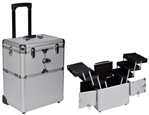 Cherry Queen 19" Makeup Rolling Artist Cosmetic Train Case Aluminum Beauty Silver Lock Box