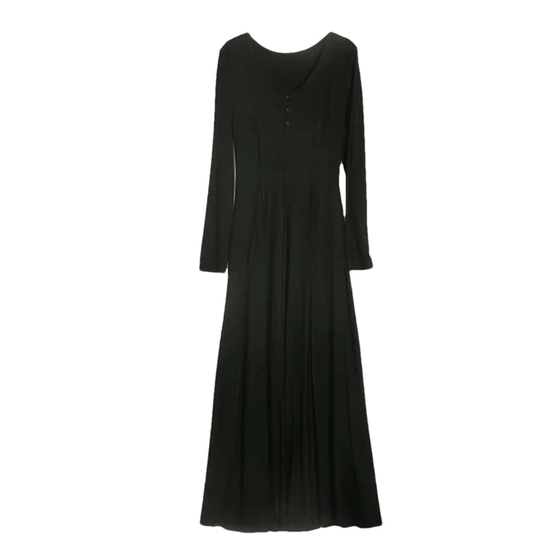 ERFMFKL Women Long Sleeve Solid Color Casual A Line Long Dresses Slim Waist V-Neck Dress