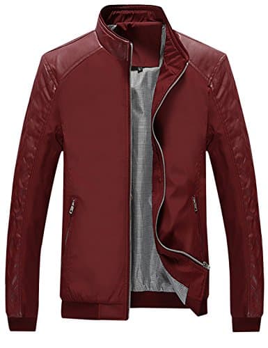 Springrain Men's Casual Stand Collar Slim PU Leather Sleeve Bomber Jacket (Medium, Wine Red)