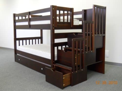 Bedz King Twin Over Twin Stairway Bunk Bed with Twin Trundle, Cappuccino