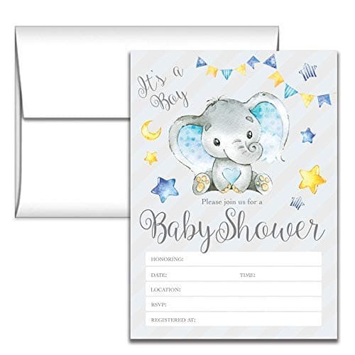 Elephant Baby Shower Invitations - Gray and Blue Boy Party Invites