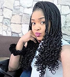 Sylvia 16" Natural Black Micro Braiding with Curly Tips Synthetic Lace Front Wigs Free Parting 260% Density 1B Braids Braided Wigs Heat Resistant Fiber Hair for Woman