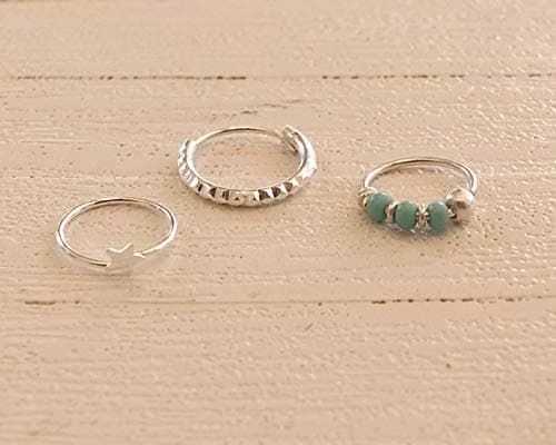 Set of 3 Tiny Sterling Silver Hoops, 10mm Diamond cut Small Hoop Earring, 8mm Turquoise beaded Tiny Hoop and 8mm Star Tiny Hoop for Nose Ring, Helix, Cartilage