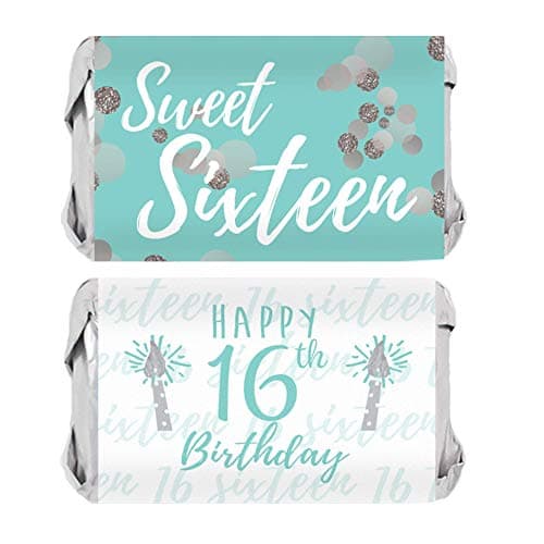 Sweet Sixteen 16th Birthday Mini Candy Bar Wrappers, 45 Stickers (Blue and Silver)