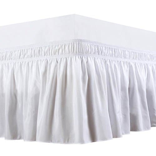 Bedding Overseas Three Fabric Sides Wrap Around Elastic Solid Bed Skirt, Easy On/Easy Off Dust Ruffled Bed Skirts 14 Inch Tailored Drop (White Queen )