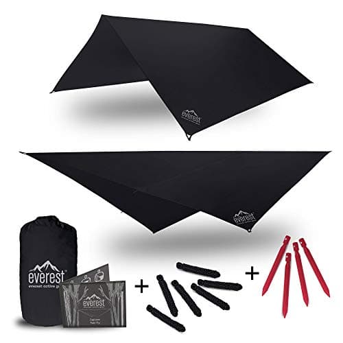 Everest Explorer Hammock Rain Fly | Waterproof Outdoor Hammock Tarp | Ripstop Nylon Cover | Perfect for Camping, Hiking, Survival Gear, and More | Stakes and Rope Included | Black or Gray | 10' x 10'