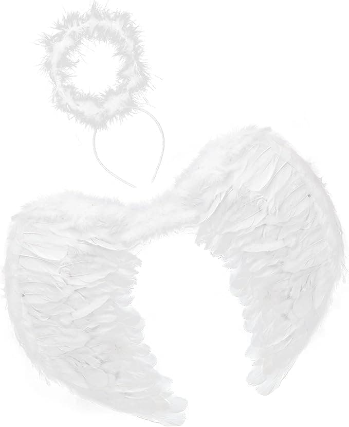 PT White Angel Wings and White Halo Angel Costumes Angels Wing and Halo Cupid Wings Feather Wings for Halloween Whites and Halo Set of 2pcs