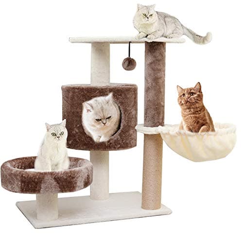 Seemo Cat Tree Tower House 29.5 inch (75cm) with Comfortable Short Plush,with a Basket Lounger,a Cat Condo and two Watchtowers,Extra Thick Posts Completely Wrapped in Sisal,Easy to Assemgbly, Khaki