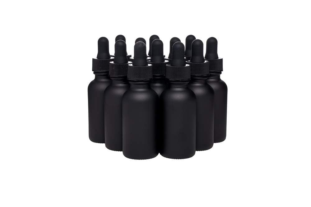 12 Pack Black Coated Boston Round Essential Oils Aromatherapy Glass Bottles Jar With Black dropper cap, 1oz