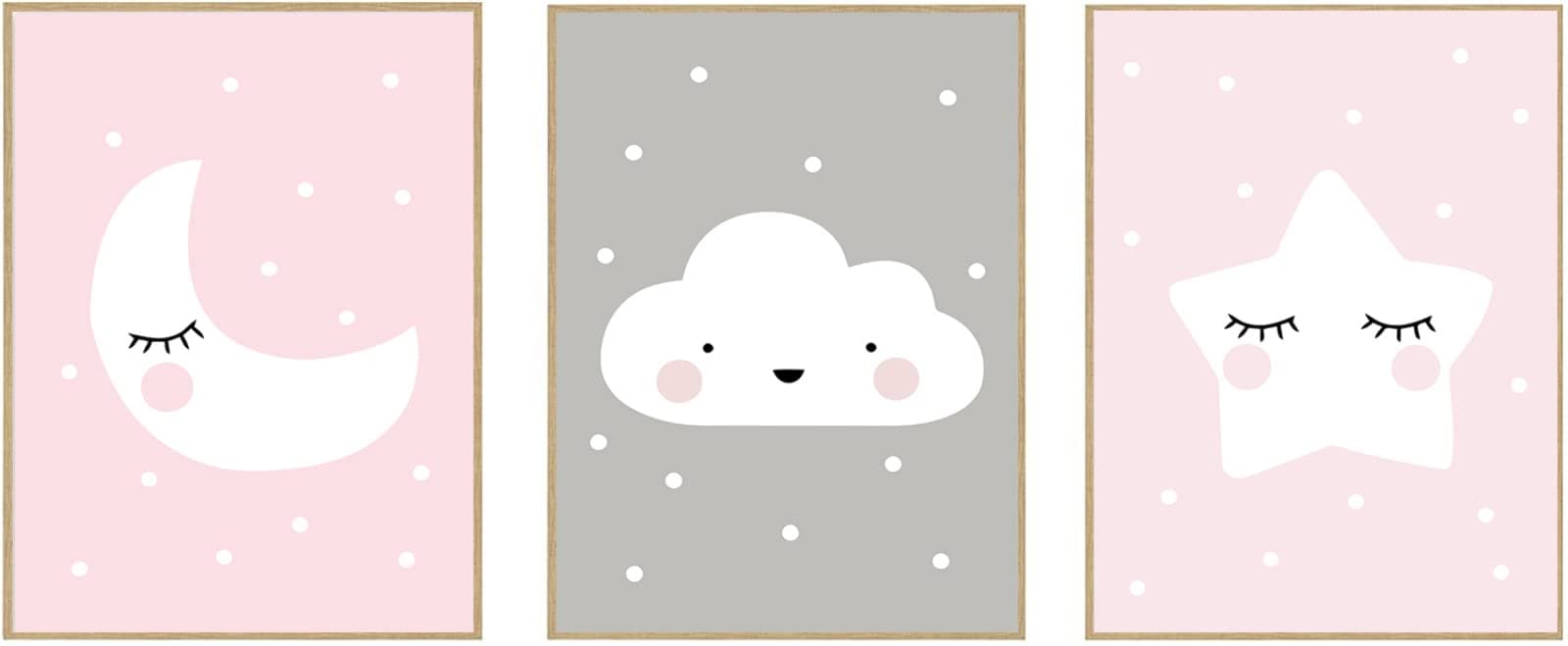 UDP-Auto Pink Moon Cloud Star Nursery Wall Art Child Poster Cute Decorative Picture Print Wall Painting Nordic Kid Baby Room Decor Framed-12 x16 x3 P