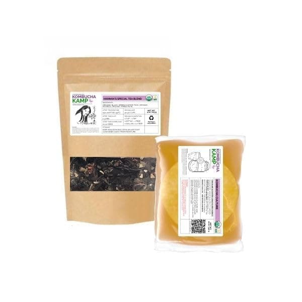 Kombucha KampGenuine KOMBUCHA CULTURE (1 Lrg SCOBY + 1 Cup Strong STARTER LIQUID - Makes 1 Gallon) & Hannah's Special TEA BLEND - 1/4 LB (60 Servings)