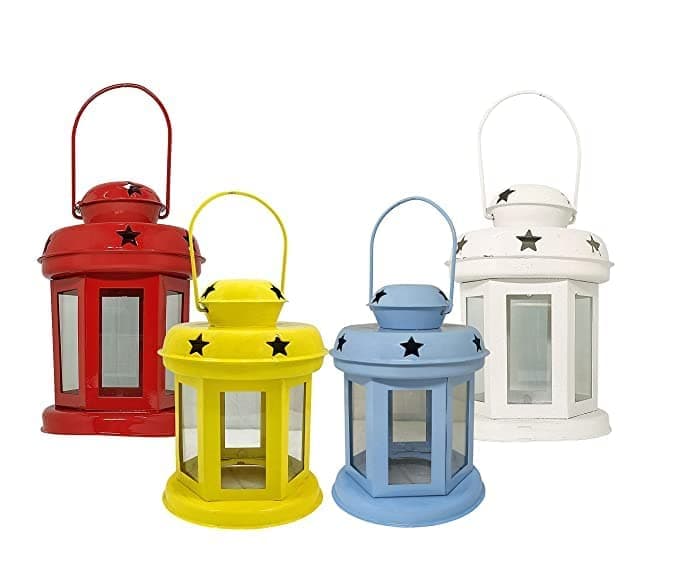 Extreme Karigari ® - Hanging Lantern Decorative Tea Light Holder Home Decor Red, White, Blue and Yellow Color Iron Lamp with Candle Tealights & Festive Decor 10x10x14 cm Set of 4 Colour